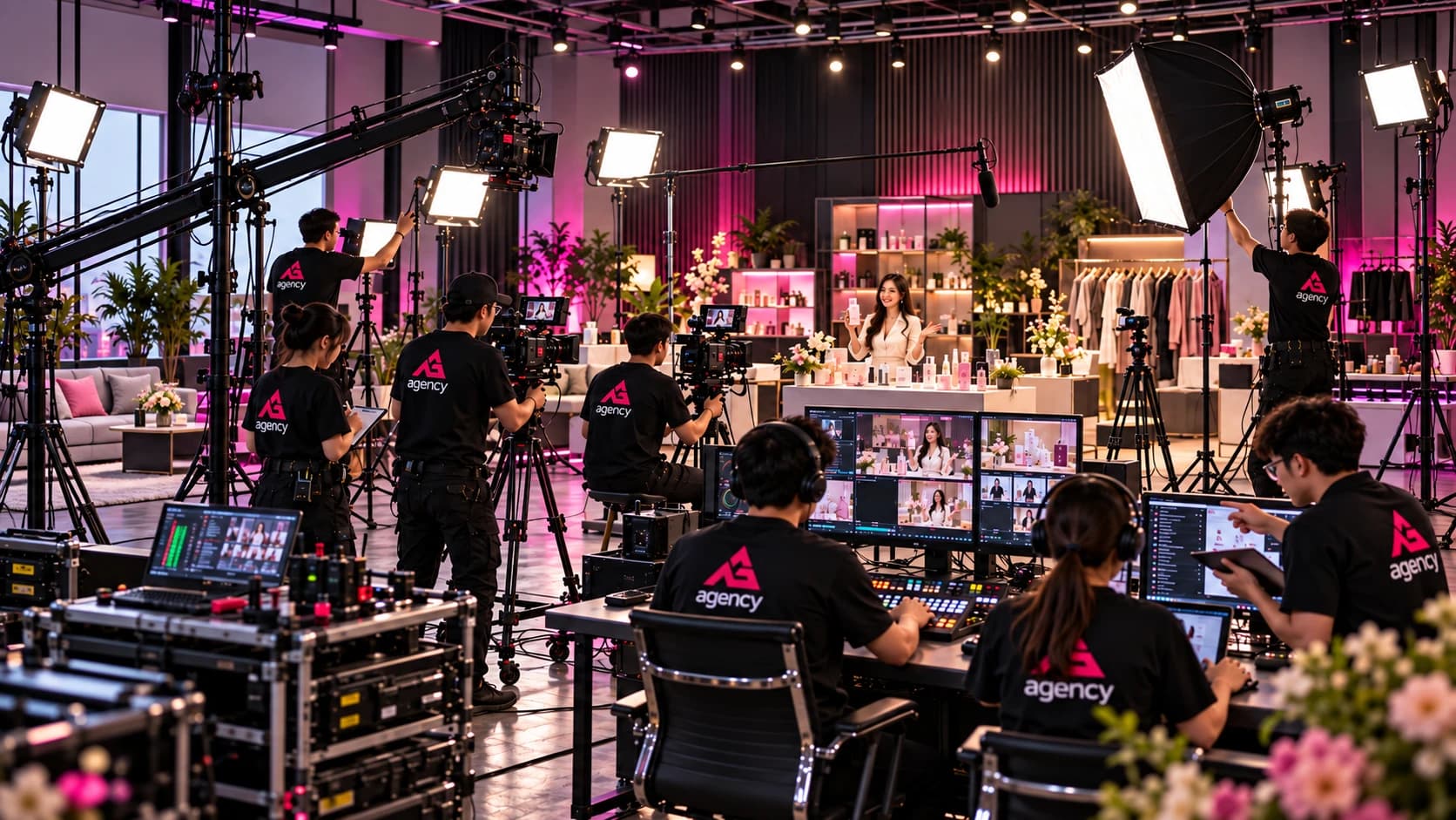 Ekip MG Agency vận hành phiên livestream trong studio